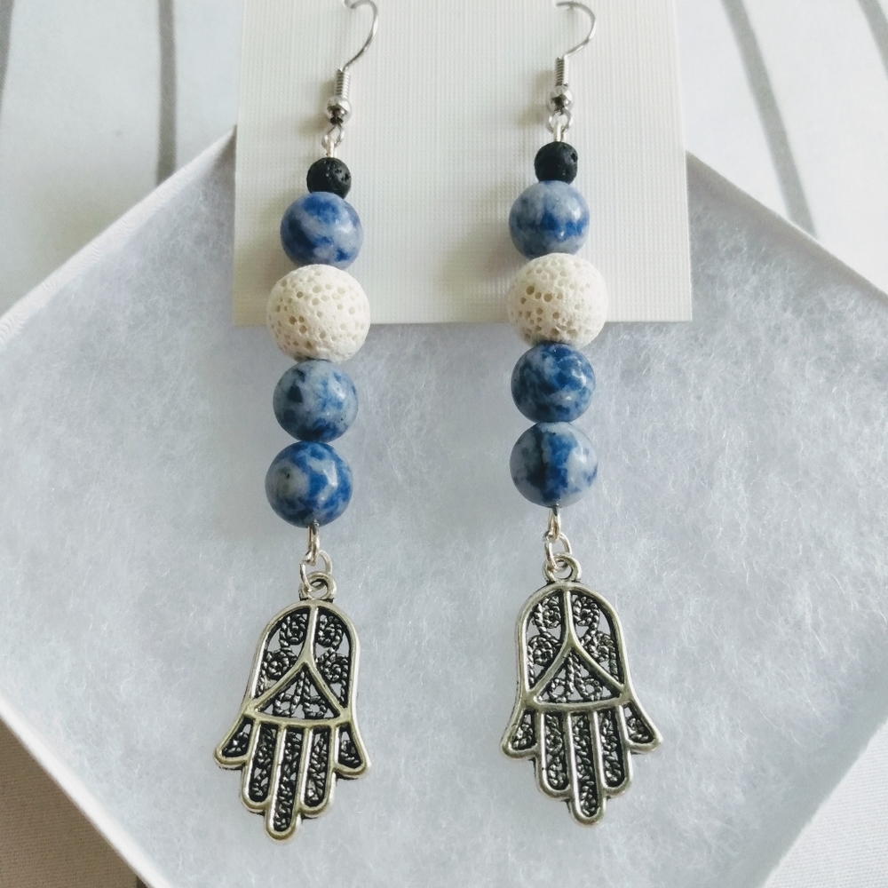 Blue Jasper Hamsa Aroma Earrings - Picture 7 of 9
